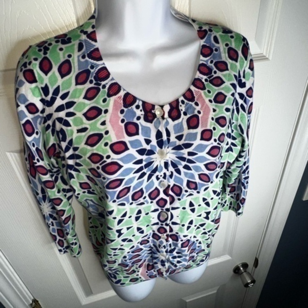 Talbots Petites Small White Blue Geo Print Cotton Knit Cardigan Sweater Top SP